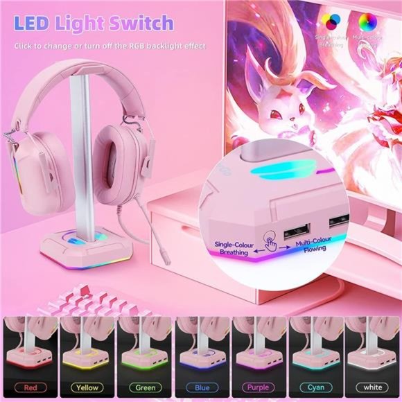 Pink Headphone Stand RGB Lights GamingHeadset Holder with 3USB Port for Charging - Picture 3 of 6